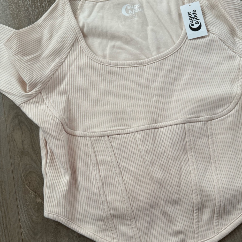 Sugar & Jade Plus Size Tween Girls Cream Ribbed Corset Top - Picture 6 of 6
